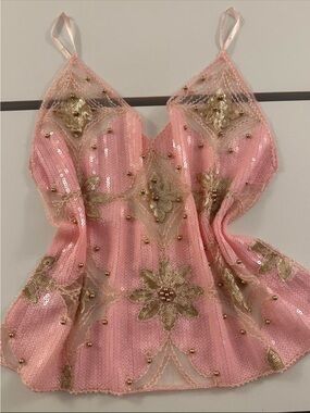 Pink Sequin & Gold Embellished Lace Camisole